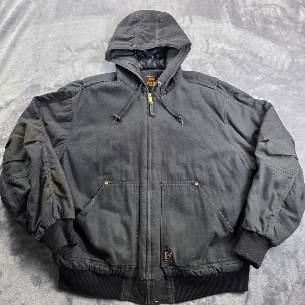 Walls Work Jacket Mens XL Black Hooded Duck Canvas Quilted Insulated Bomber Zip